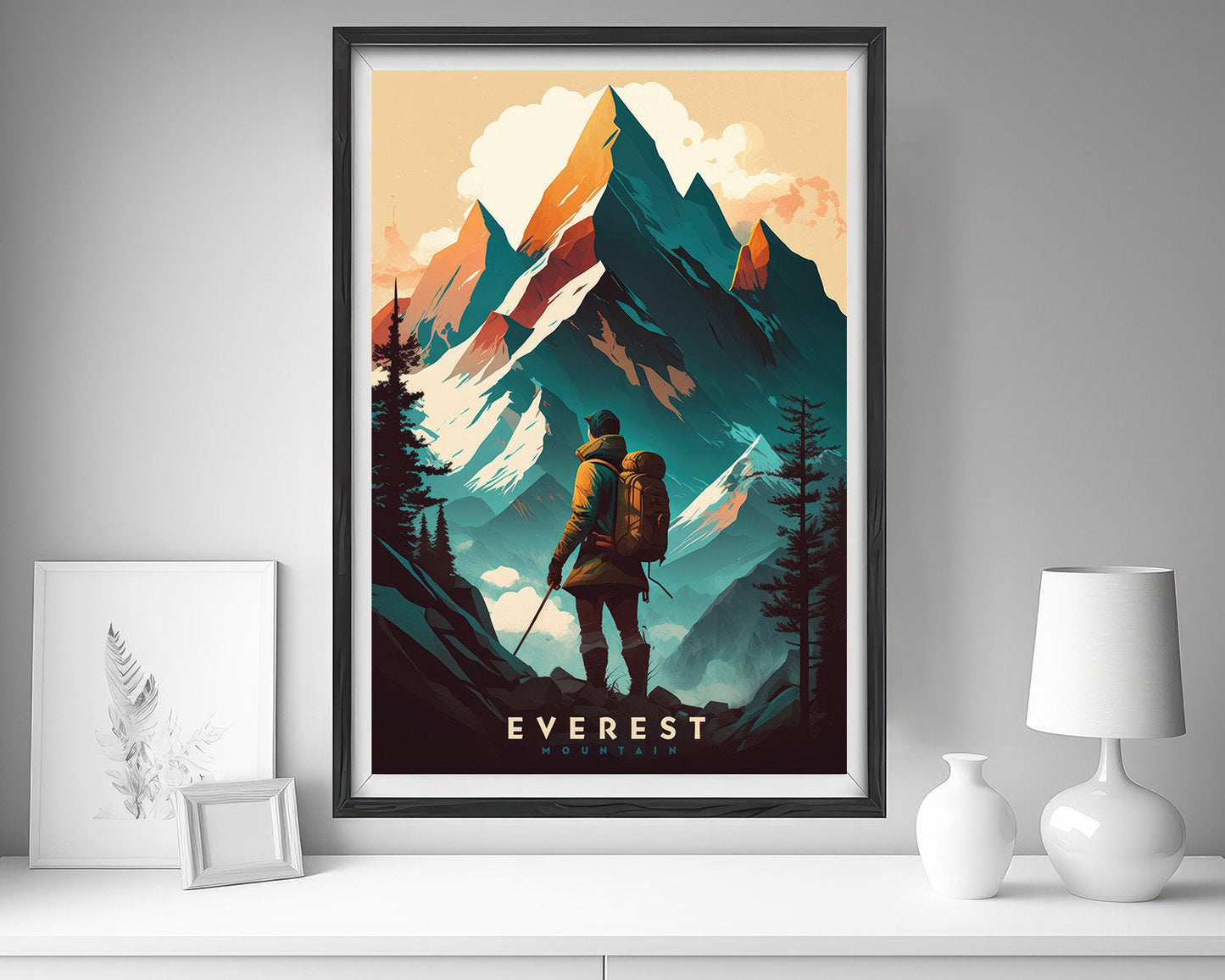 Framed Mount Everest Travel Poster in Portrait orientation, minimal background, close up wall art print 5