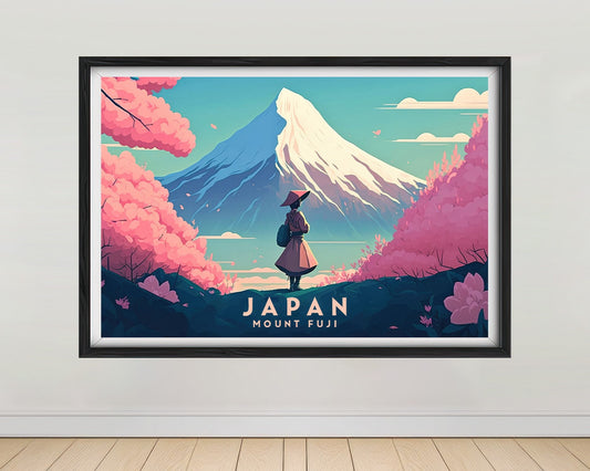 Framed Mount Fuji Japan Cherry Blossom Travel Poster in Landscape orientation, minimal background, close up wall art print 1