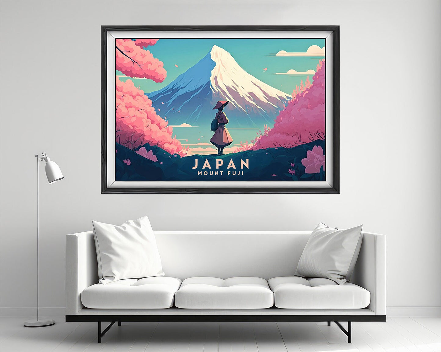Framed Mount Fuji Japan Cherry Blossom Travel Poster in Landscape orientation, minimal background, close up wall art print 4