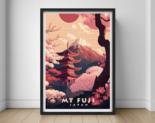 Framed Mount Fuji Japan Travel Poster in Portrait orientation, minimal background, close up wall art print 1