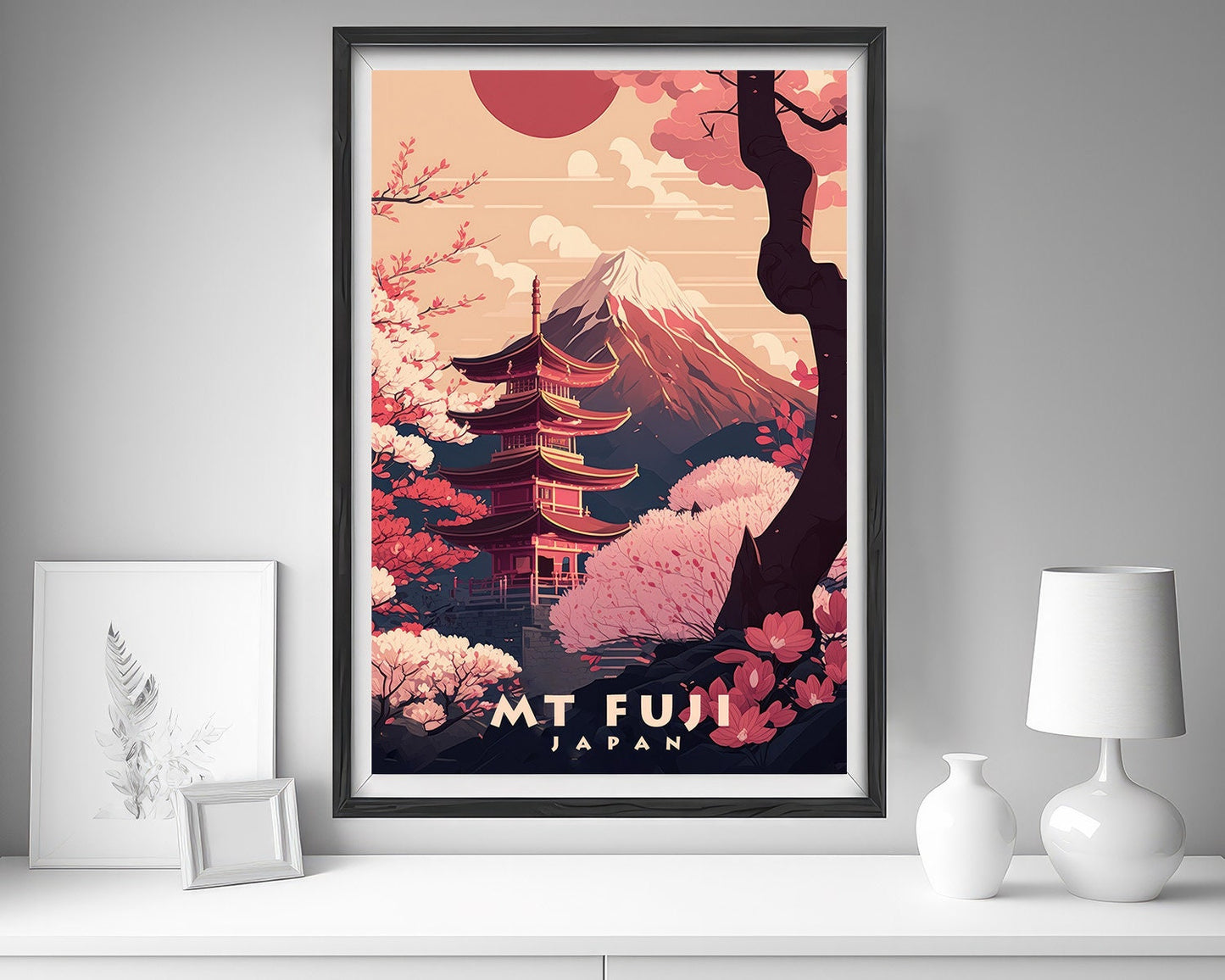 Framed Mount Fuji Japan Travel Poster in Portrait orientation, minimal background, close up wall art print 5