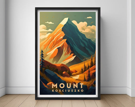 Framed Mount Kosciuszko Travel Poster in Portrait orientation, minimal background, close up wall art print 1