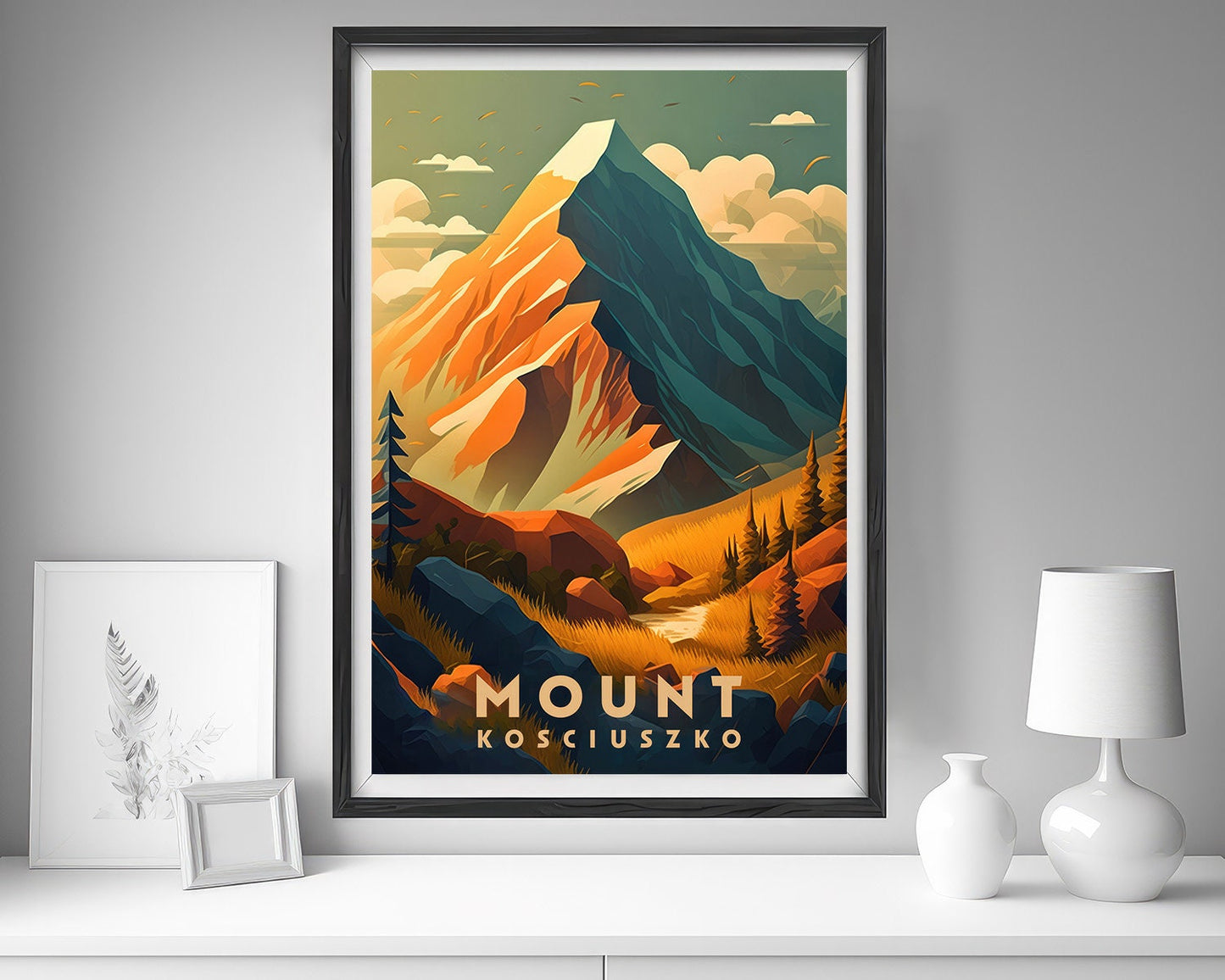 Framed Mount Kosciuszko Travel Poster in Portrait orientation, minimal background, close up wall art print 5