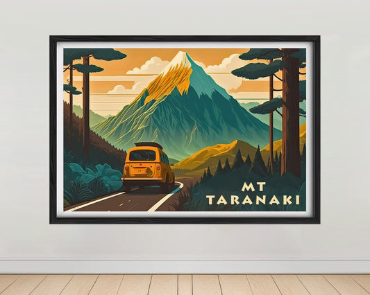 Framed Mount Taranaki NZ New Zealand Travel Poster in Landscape orientation, minimal background, close up wall art print 1