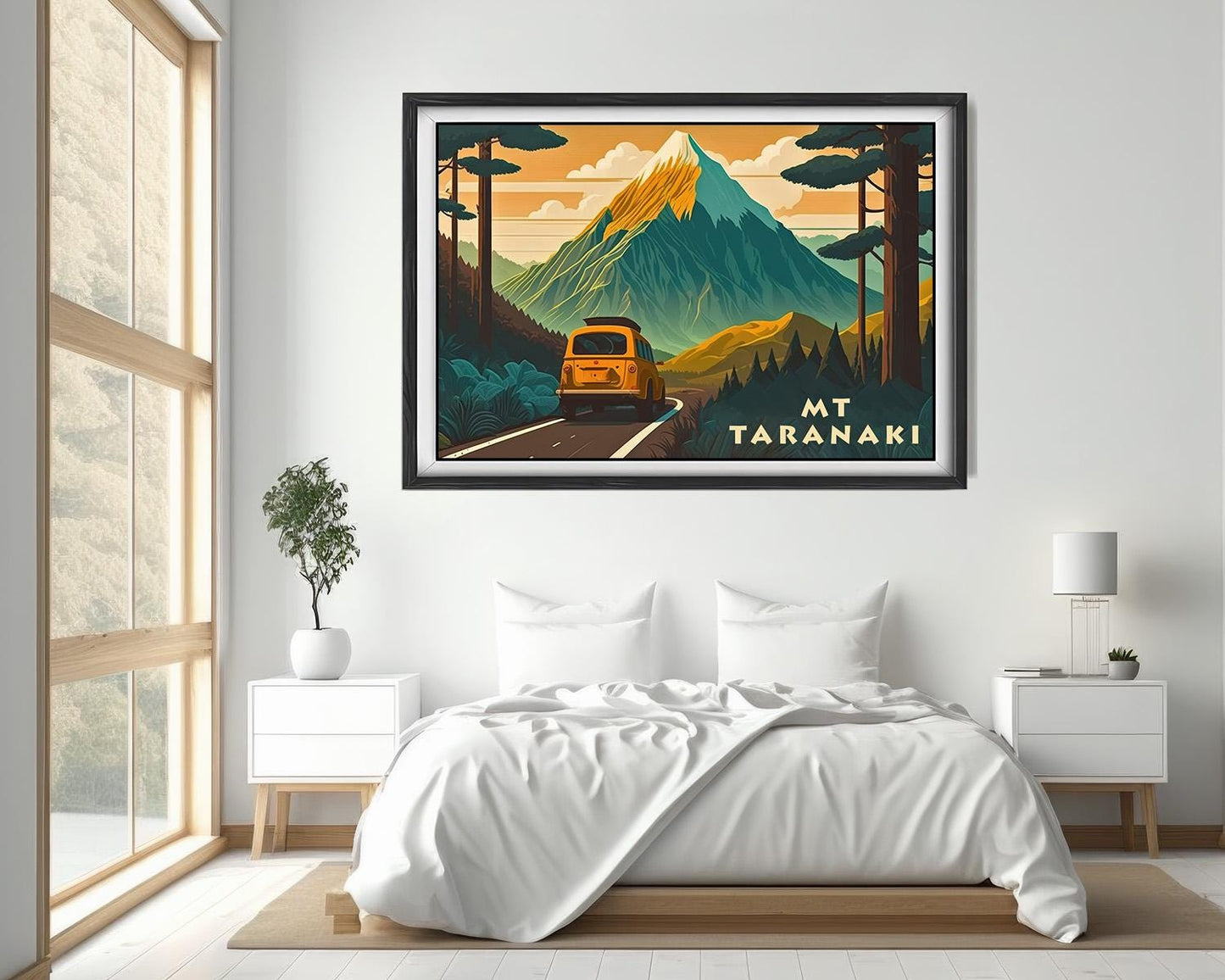 Framed Mount Taranaki NZ New Zealand Travel Poster in Landscape orientation, minimal background, close up wall art print 4