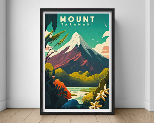 Framed Mount Taranaki NZ Travel Poster in Portrait orientation, minimal background, close up wall art print 1