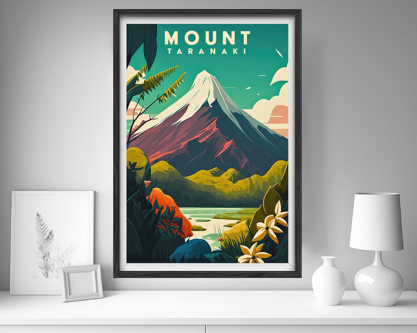 Framed Mount Taranaki NZ Travel Poster in Portrait orientation, minimal background, close up wall art print 5
