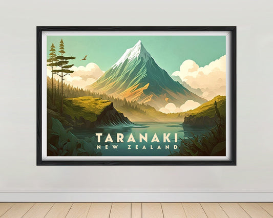 Framed Mount Taranaki New Zealand Travel Poster in Landscape orientation, minimal background, close up wall art print 1