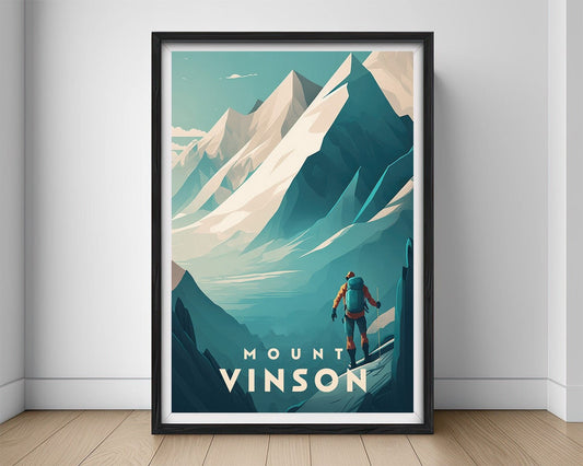 Framed Mount Vinson Travel Poster in Portrait orientation, minimal background, close up wall art print 1