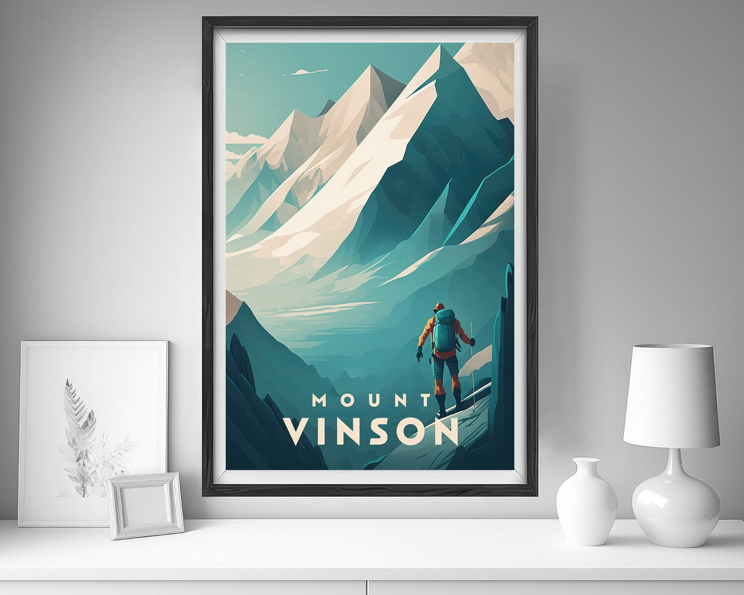 Framed Mount Vinson Travel Poster in Portrait orientation, minimal background, close up wall art print 5