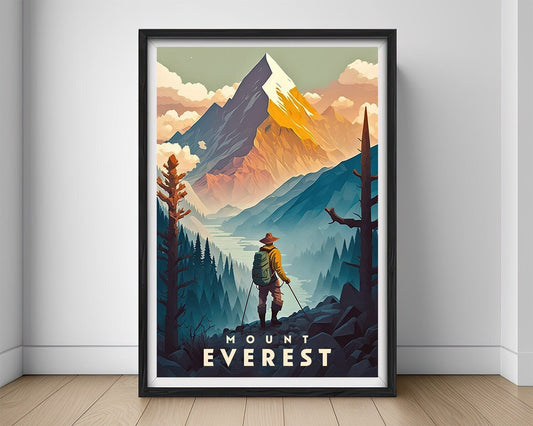 Framed Mt Everest Travel Poster in Portrait orientation, minimal background, close up wall art print 1