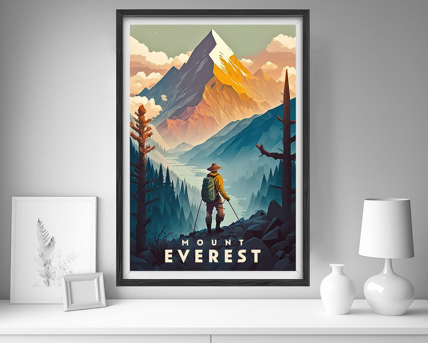 Framed Mt Everest Travel Poster in Portrait orientation, minimal background, close up wall art print 5