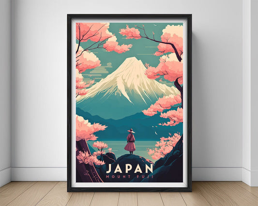 Framed Mt Fuji Japan Cherry Blossom Travel Poster in Portrait orientation, minimal background, close up wall art print 1
