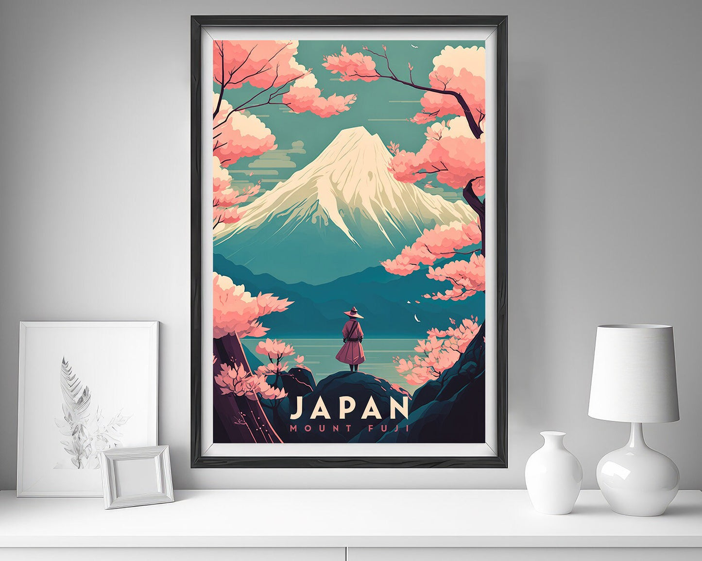 Framed Mt Fuji Japan Cherry Blossom Travel Poster in Portrait orientation, minimal background, close up wall art print 5