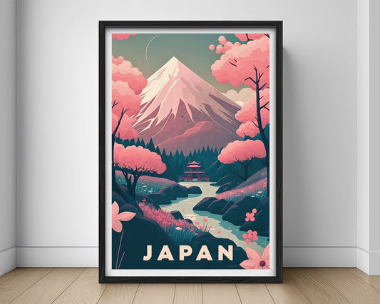 Framed Mt Fuji Japan Travel Poster in Portrait orientation, minimal background, close up wall art print 1
