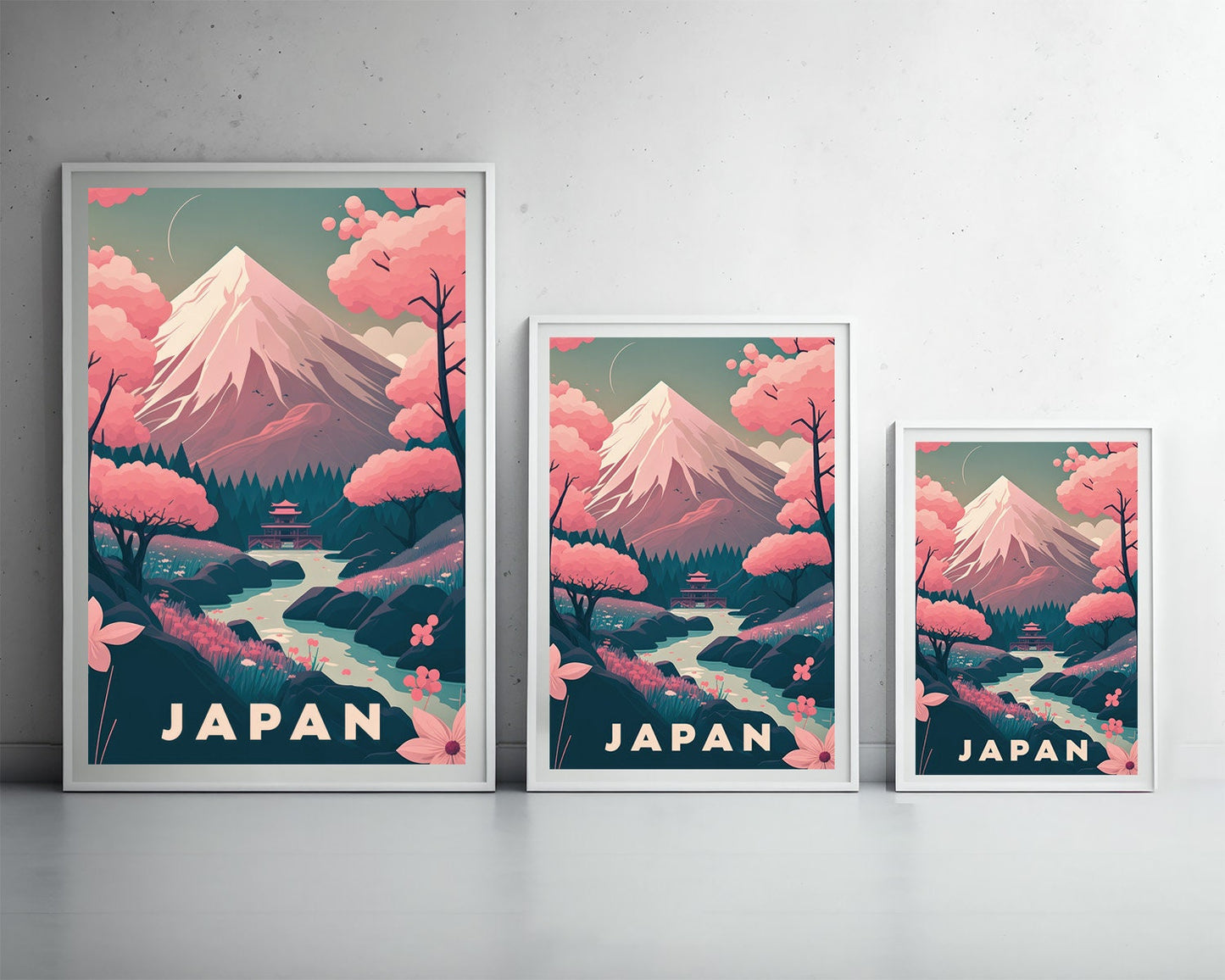 Framed Mt Fuji Japan Travel Poster in Portrait orientation, minimal background, close up wall art print 5