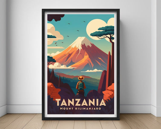 Framed Mt Kilimanjaro Tanzania Mountain Travel Poster in Portrait orientation, minimal background, close up wall art print 1