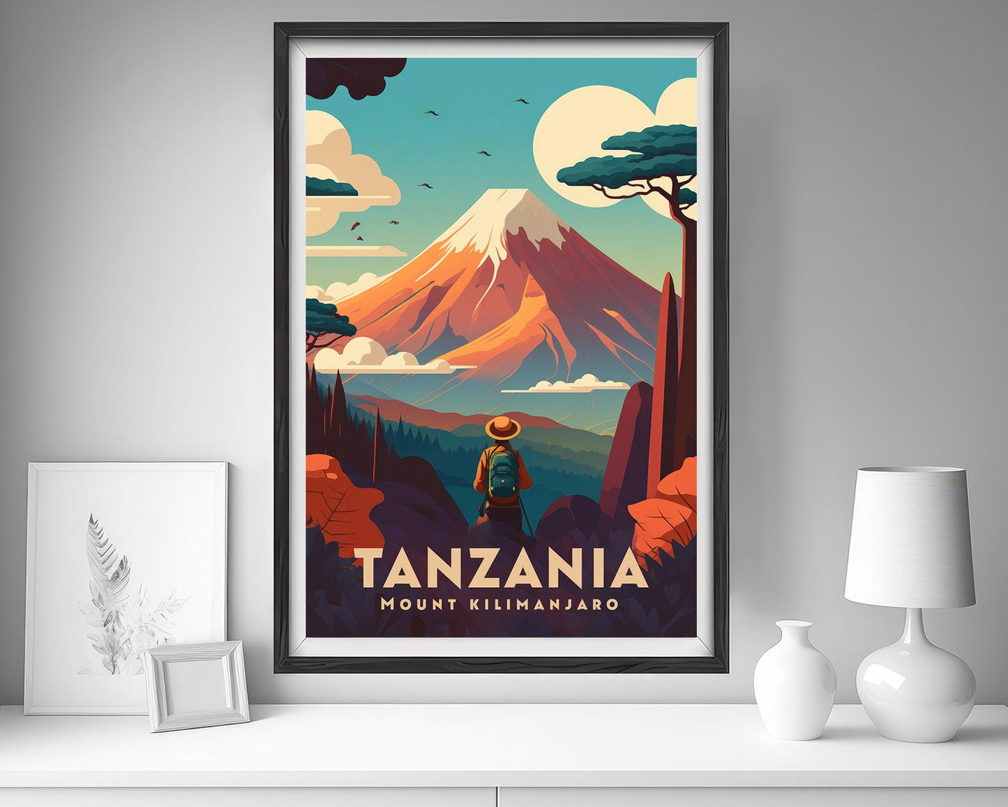 Framed Mt Kilimanjaro Tanzania Mountain Travel Poster in Portrait orientation, minimal background, close up wall art print 5
