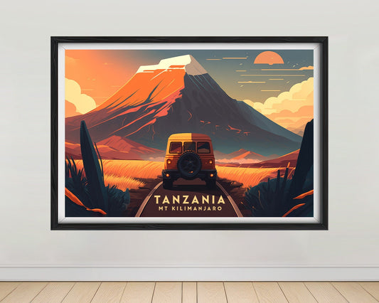 Framed Mt Kilimanjaro Tanzania Travel Poster in Landscape orientation, minimal background, close up wall art print 1