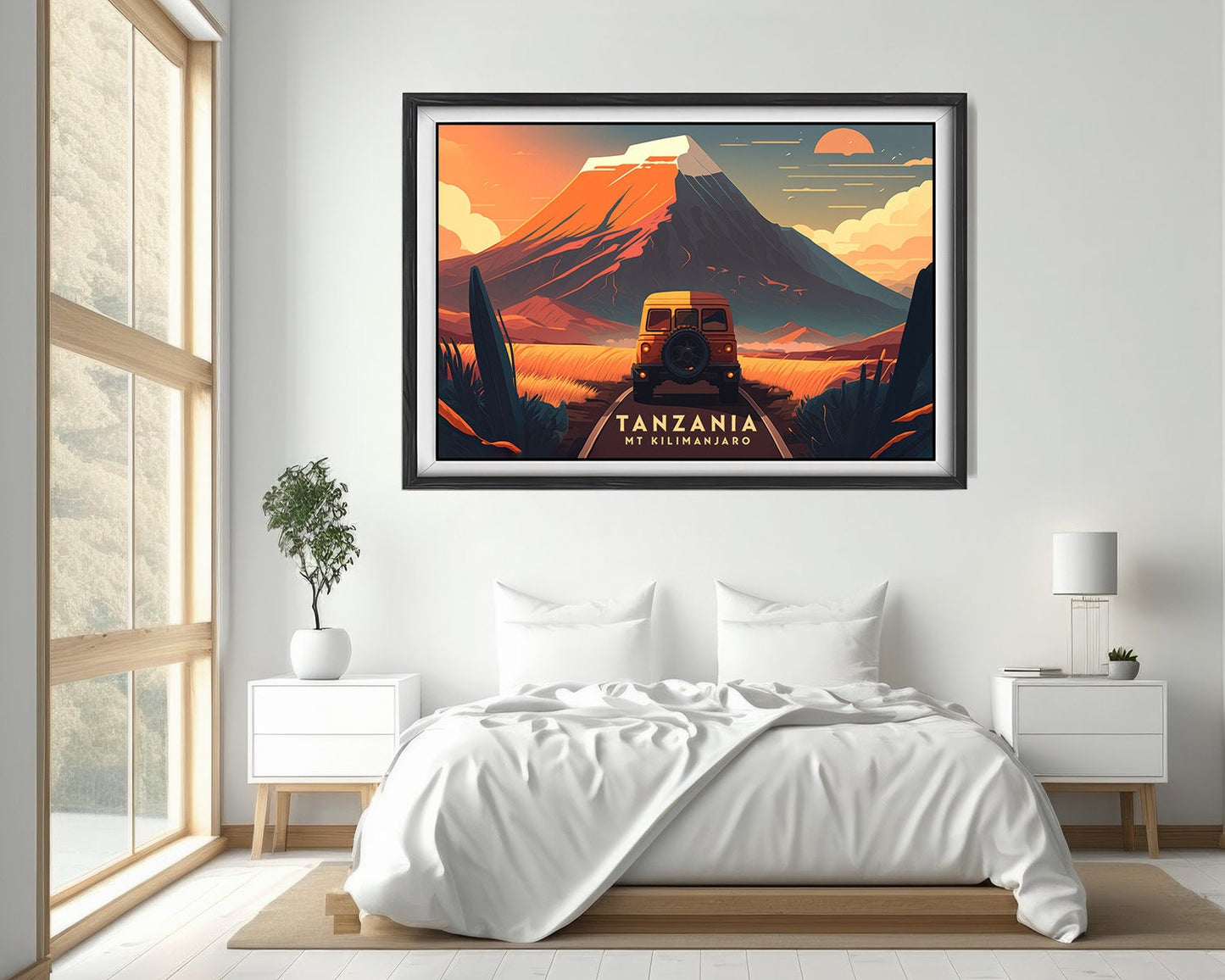 Framed Mt Kilimanjaro Tanzania Travel Poster in Landscape orientation, minimal background, close up wall art print 4