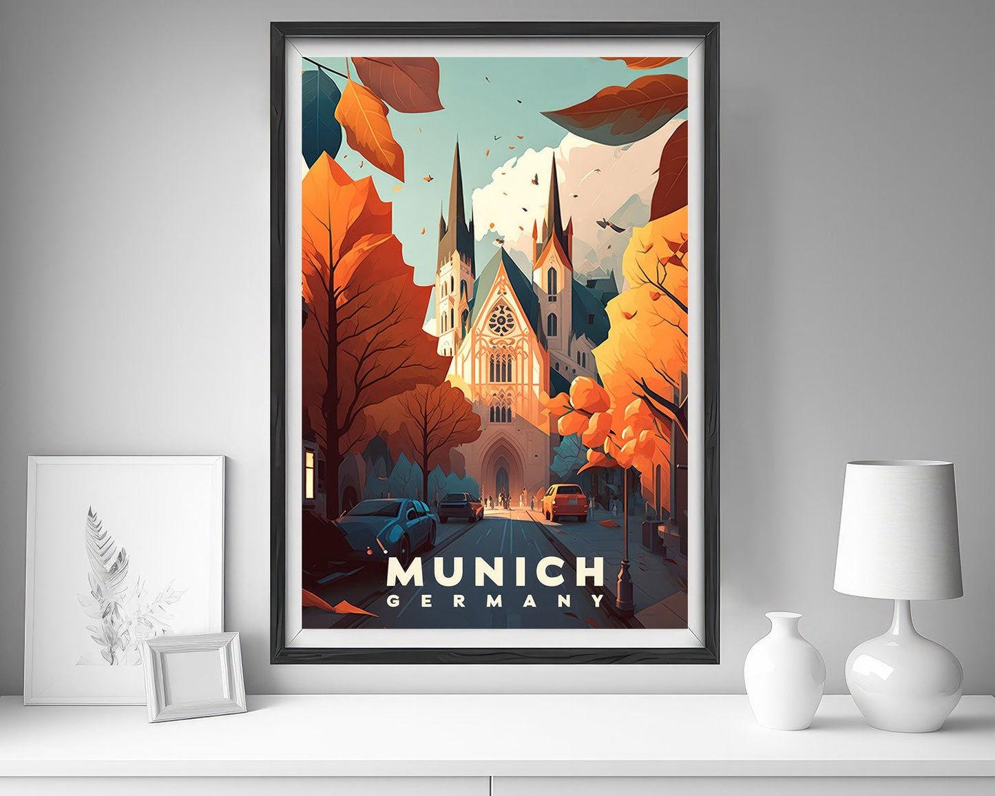 Framed Munich Germany Travel Poster in Portrait orientation, minimal background, close up wall art print 5