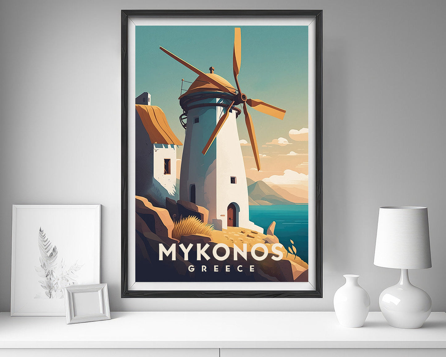 Framed Mykonos Greece Europe Travel Poster in Portrait orientation, minimal background, close up wall art print 5