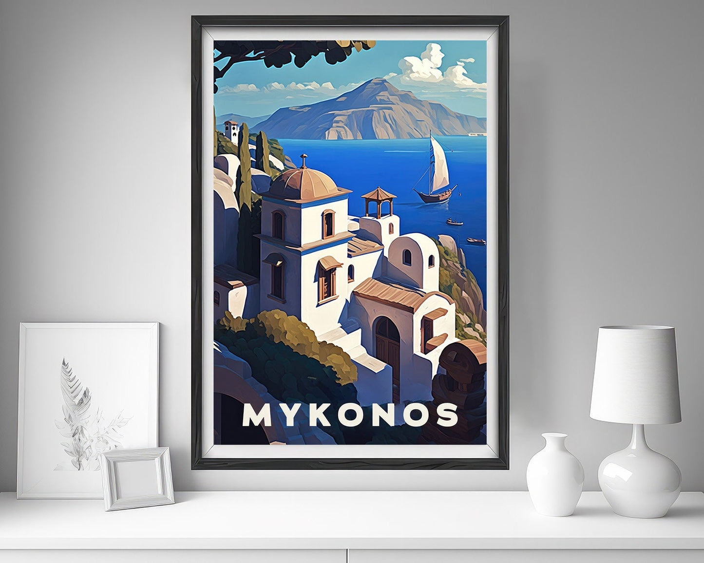 Framed Mykonos Greece Travel Poster in Portrait orientation, minimal background, close up wall art print 5