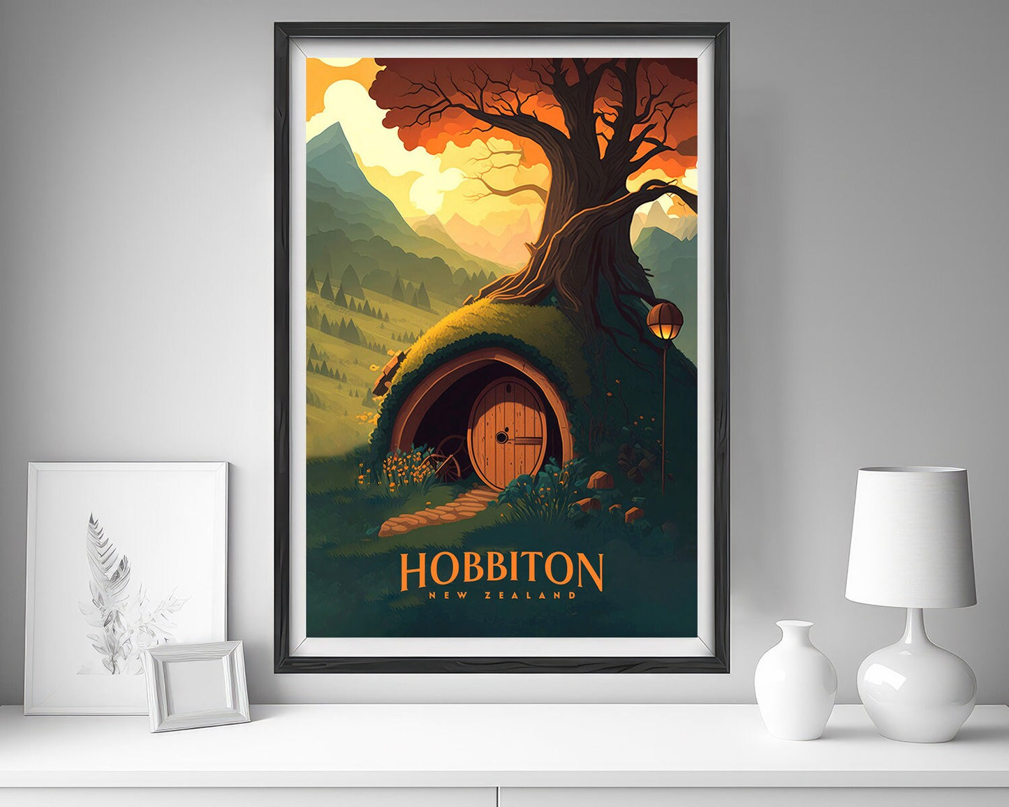 Framed NZ Hobbiton Travel Poster in Portrait orientation, minimal background, close up wall art print 5