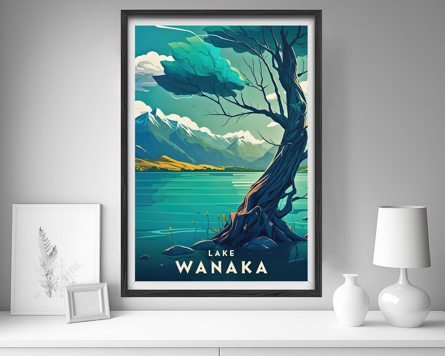 Framed NZ Lake Wanaka Travel Poster in Portrait orientation, minimal background, close up wall art print 5