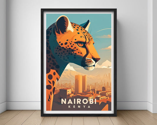 Framed Nairobi Kenya Travel Poster in Portrait orientation, minimal background, close up wall art print 1