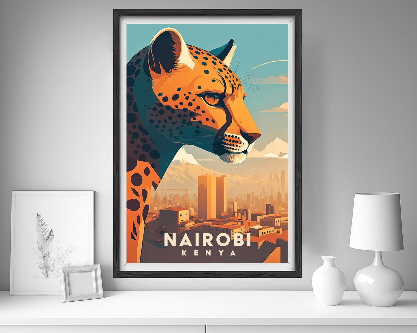 Framed Nairobi Kenya Travel Poster in Portrait orientation, minimal background, close up wall art print 5