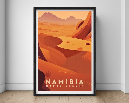 Framed Namibia Desert Travel Poster in Portrait orientation, minimal background, close up wall art print 1