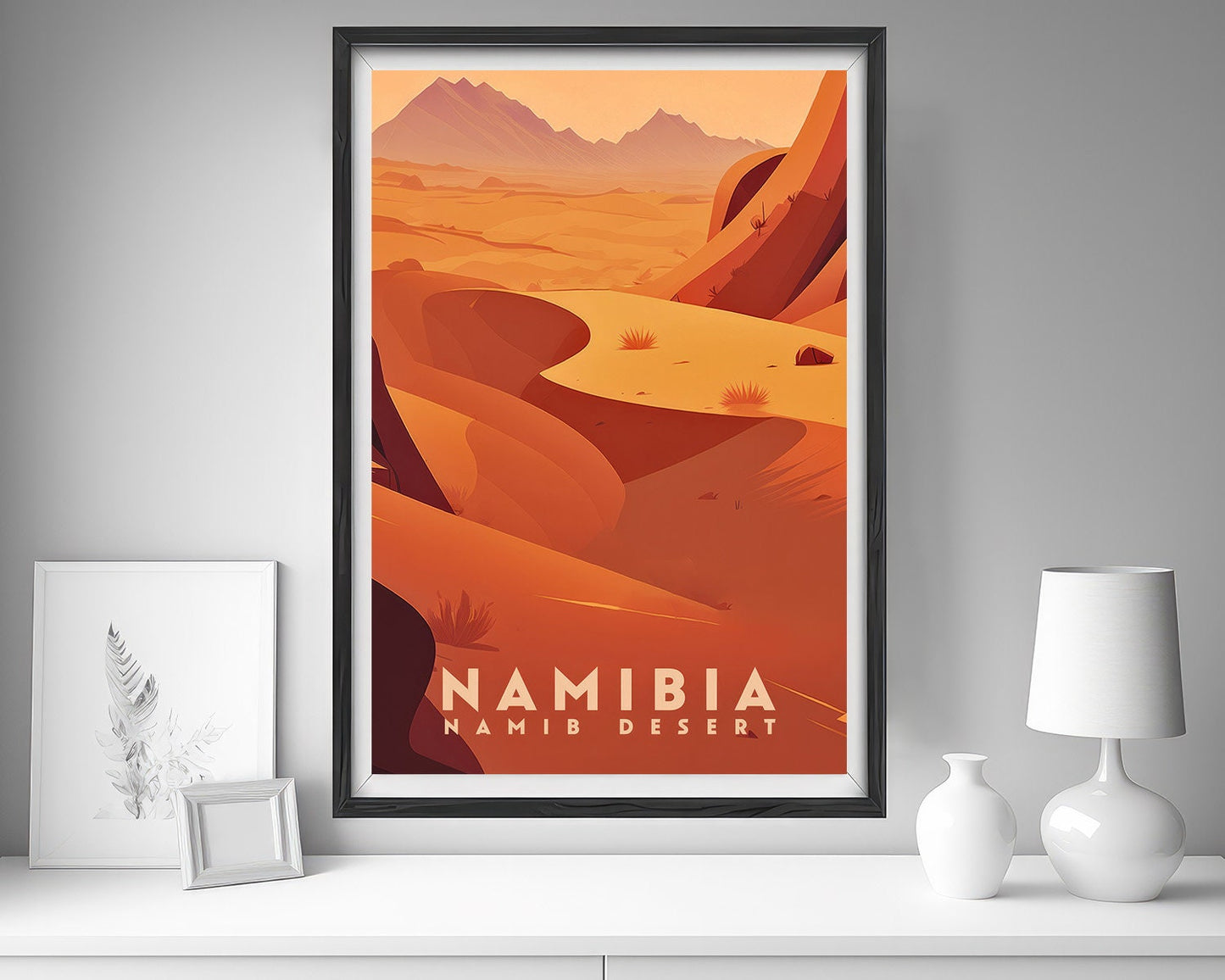 Framed Namibia Desert Travel Poster in Portrait orientation, minimal background, close up wall art print 5