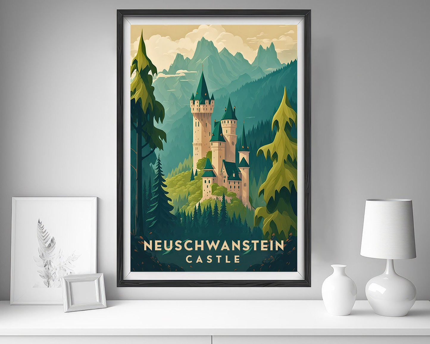 Framed Neuschwanstein Castle Germany Travel Poster in Portrait orientation, minimal background, close up wall art print 5