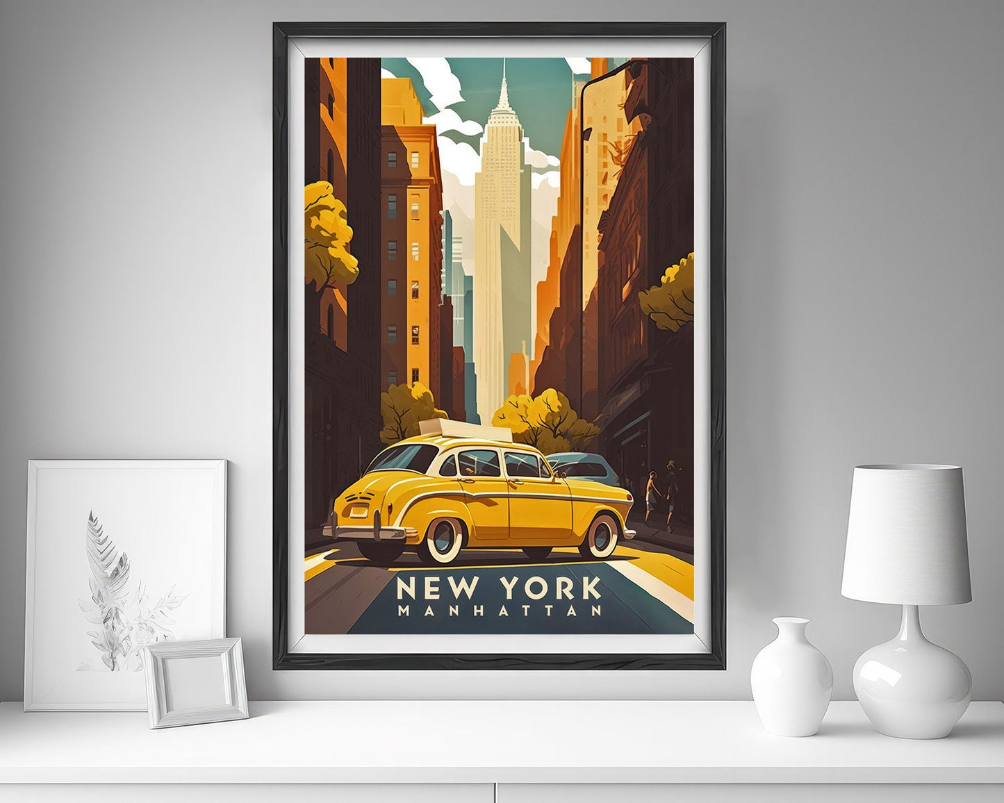 Framed New York Manhattan Travel Poster in Portrait orientation, minimal background, close up wall art print 5