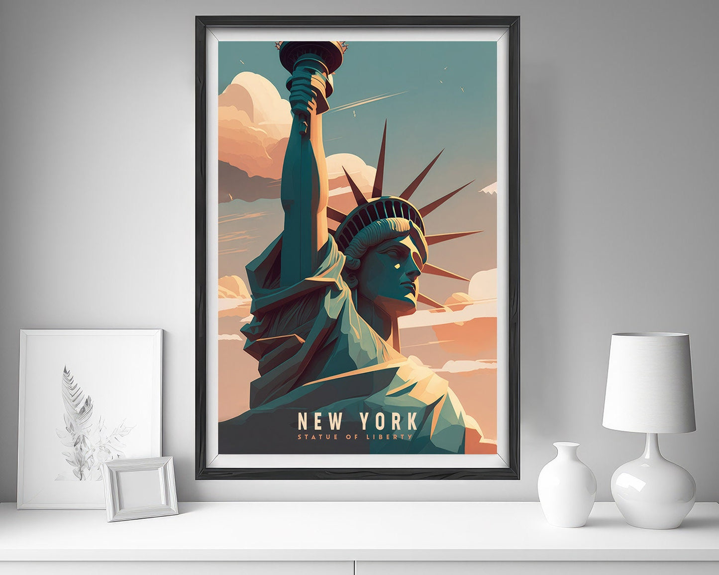 Framed New York Manhattan USA Travel Poster in Portrait orientation, minimal background, close up wall art print 5