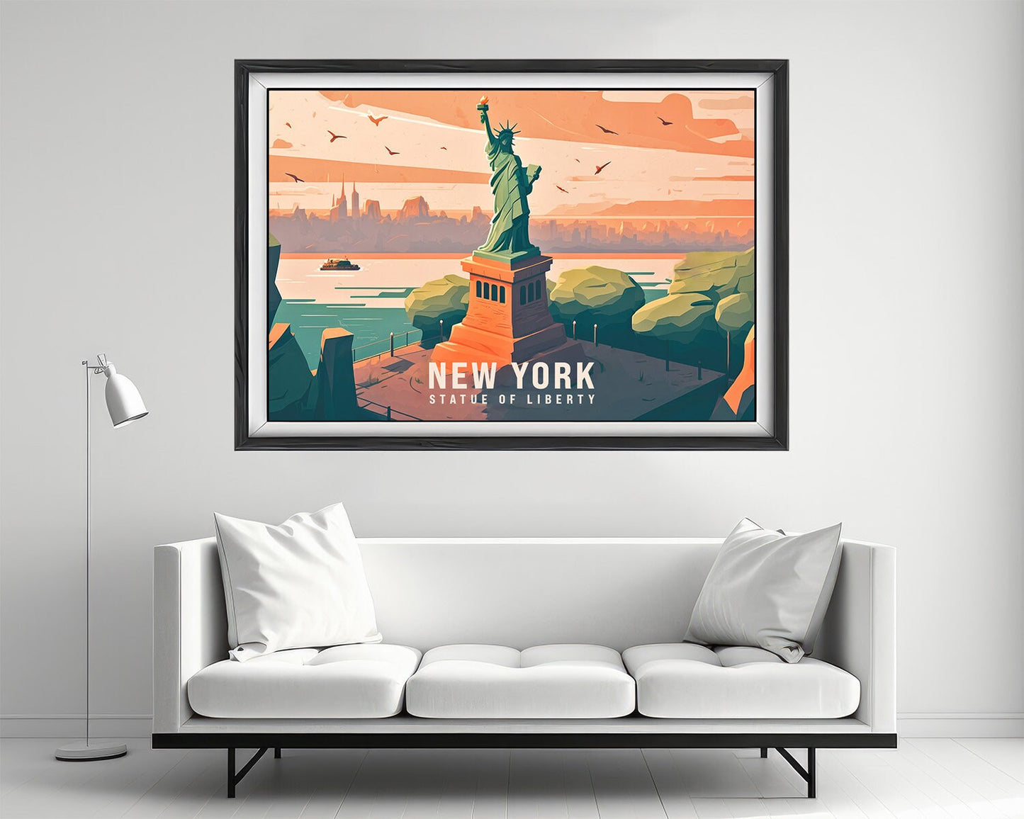 Framed New York USA Travel Poster in Landscape orientation, minimal background, close up wall art print 4