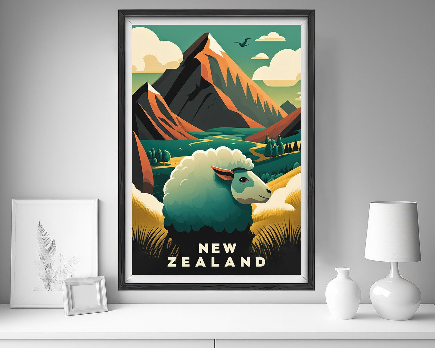 Framed New Zealand Aotearoa Travel Poster in Portrait orientation, minimal background, close up wall art print 5