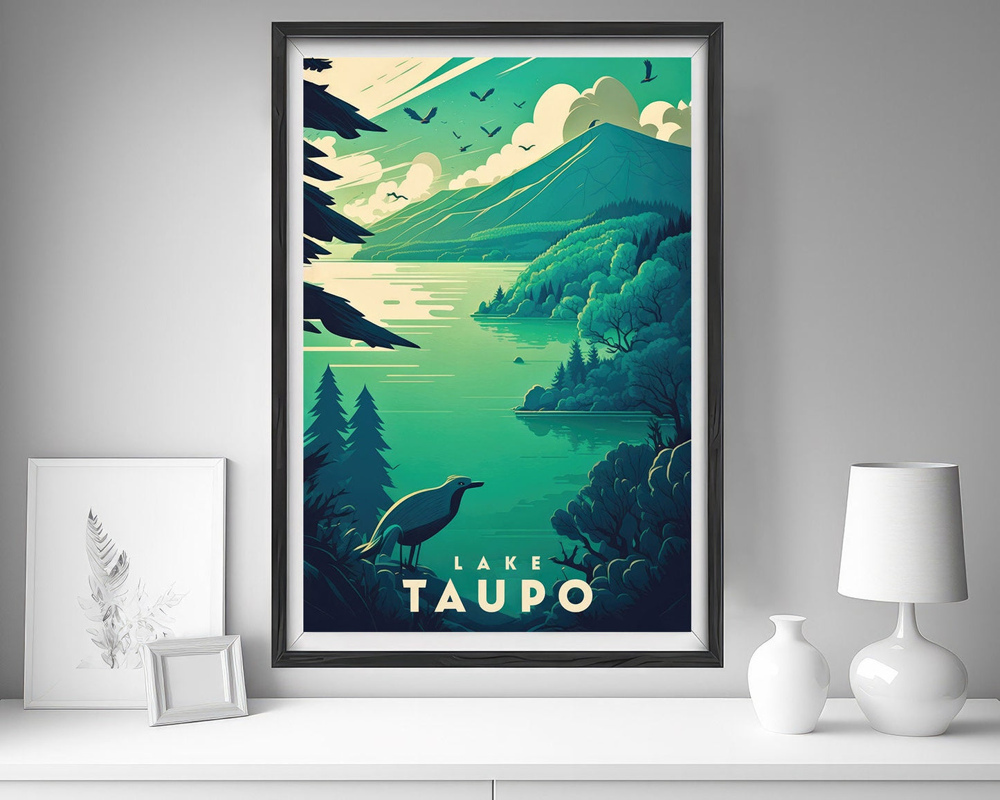 Framed New Zealand Lake Taupo Travel Poster in Portrait orientation, minimal background, close up wall art print 5
