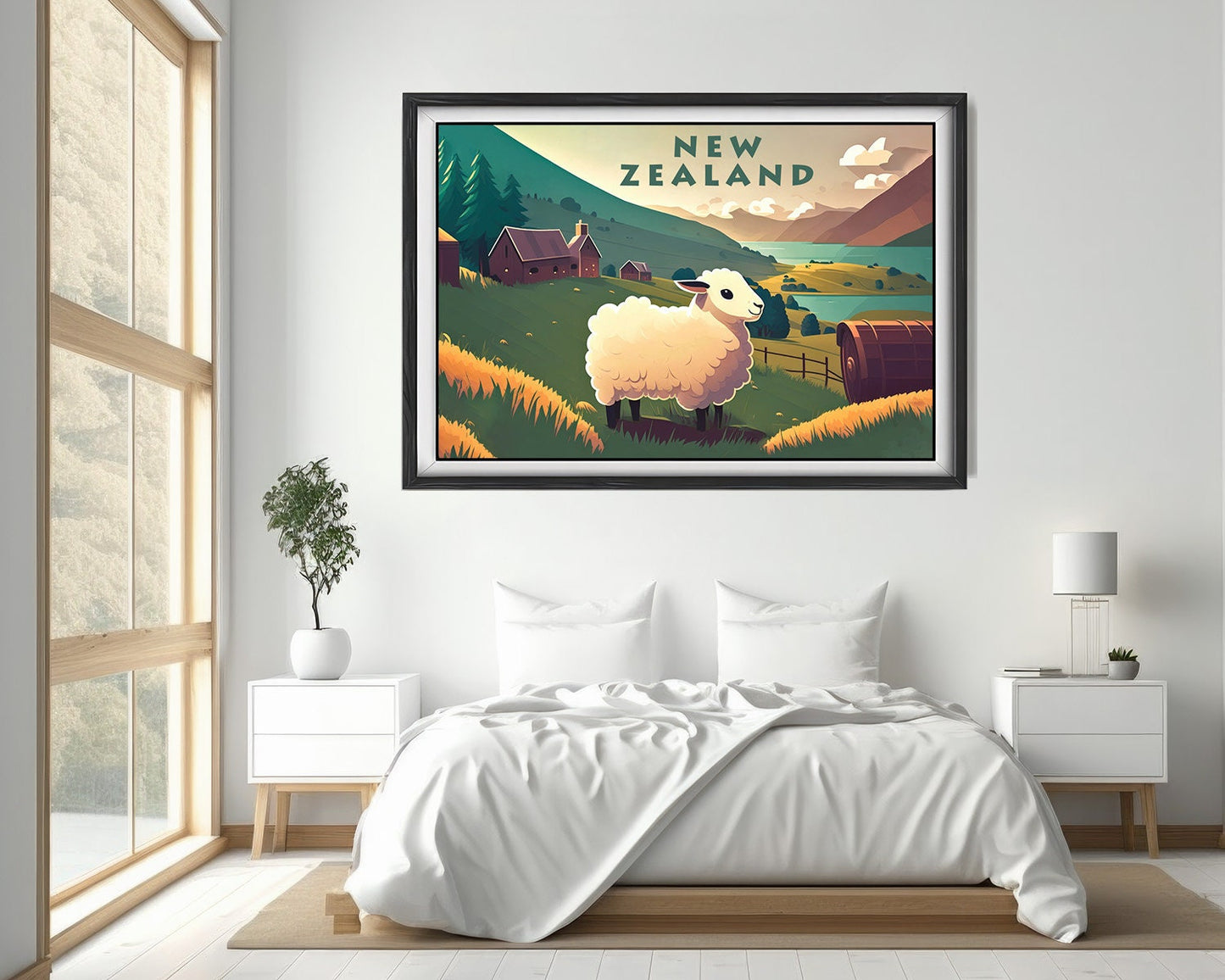 Framed New Zealand NZ Sheep Travel Poster in Landscape orientation, minimal background, close up wall art print 4