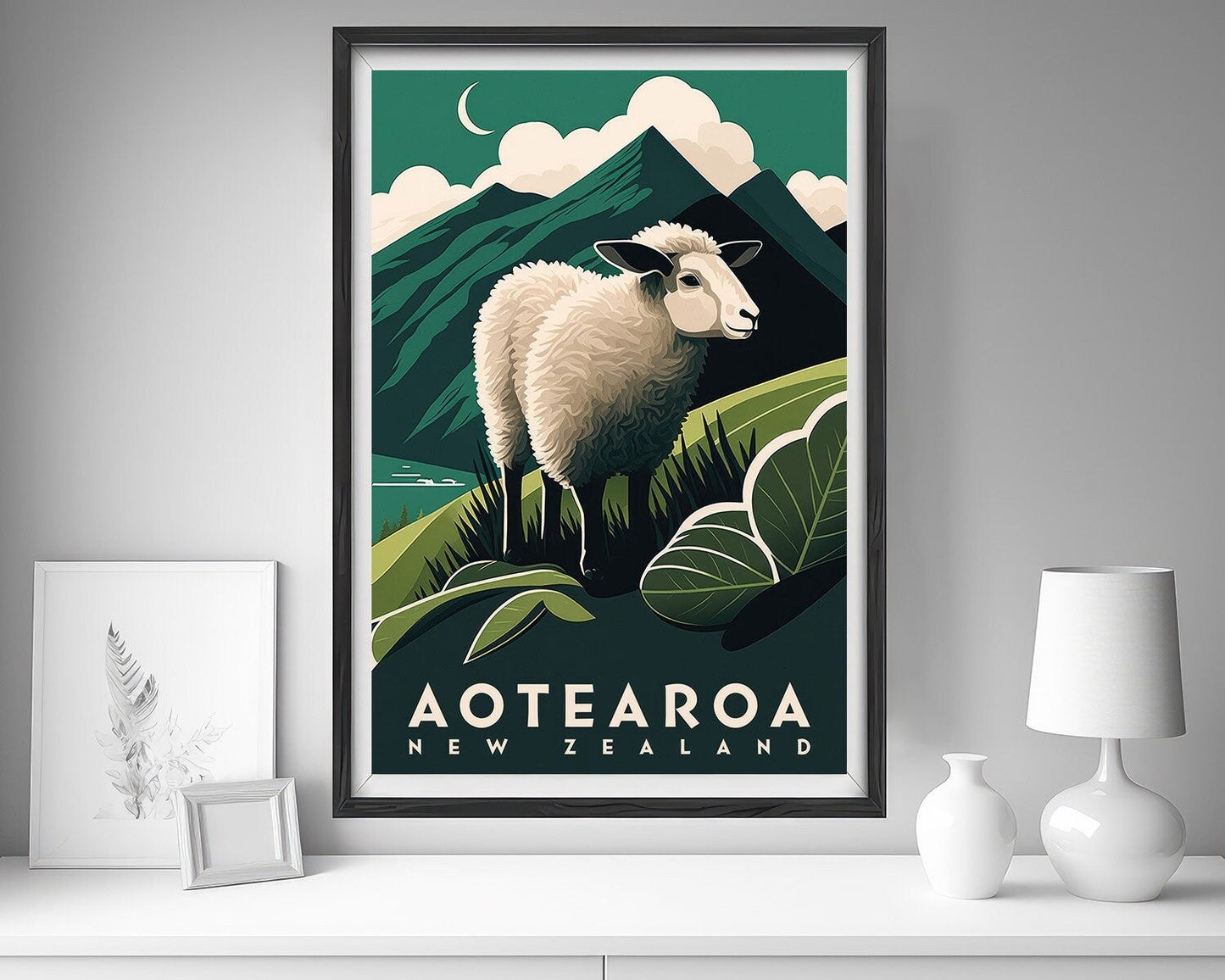 Framed New Zealand Sheep NZ Travel Poster in Portrait orientation, minimal background, close up wall art print 5