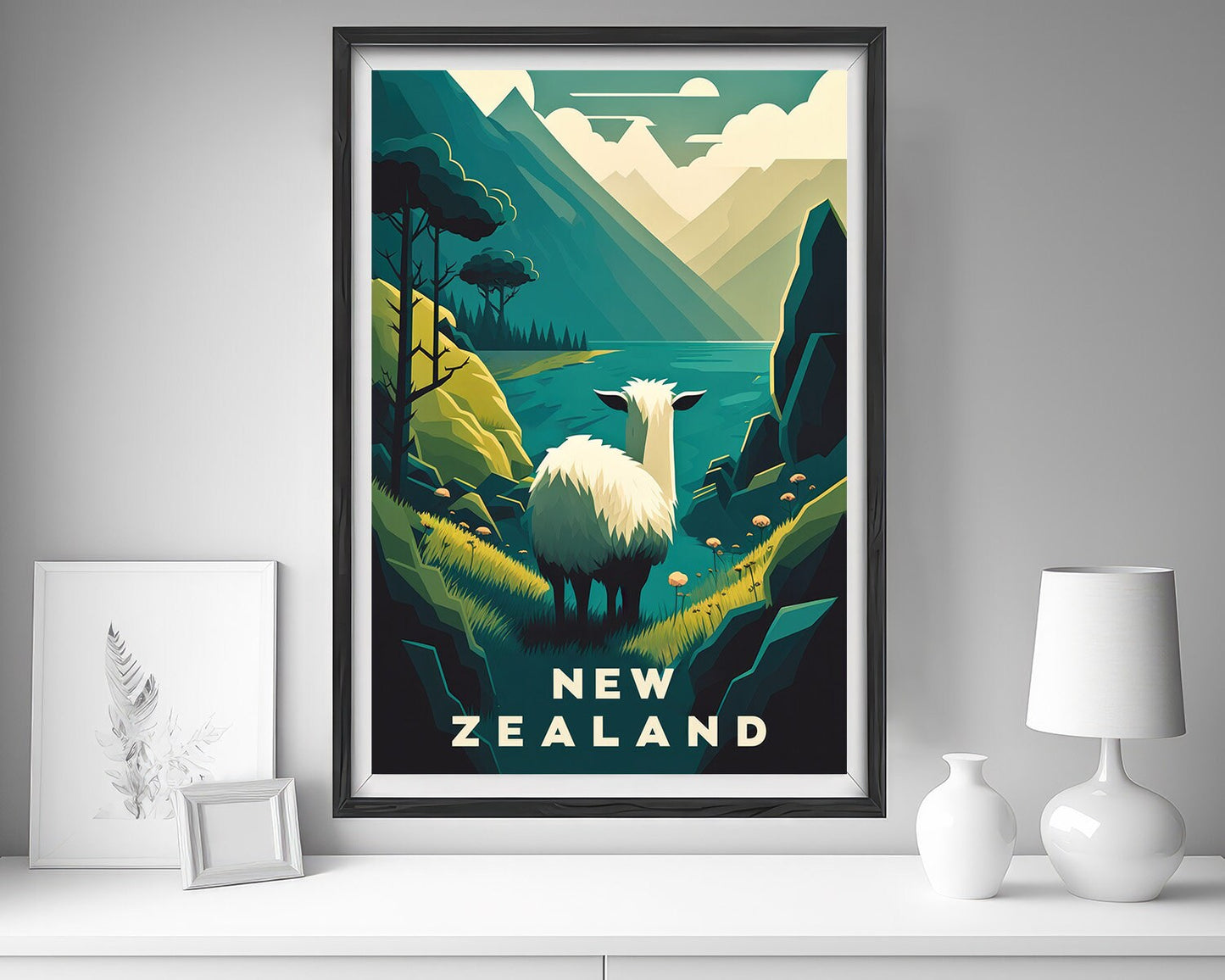 Framed New Zealand Sheep Travel Poster in Portrait orientation, minimal background, close up wall art print 5