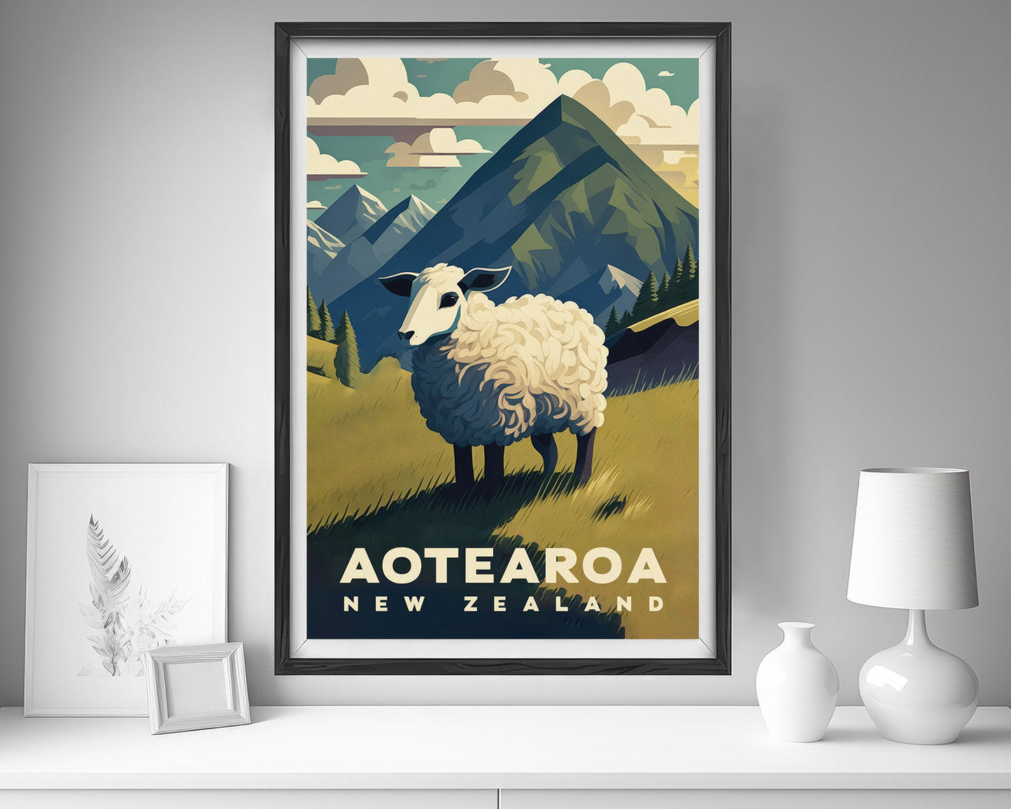 Framed New Zealand Travel Poster in Portrait orientation, minimal background, close up wall art print 5