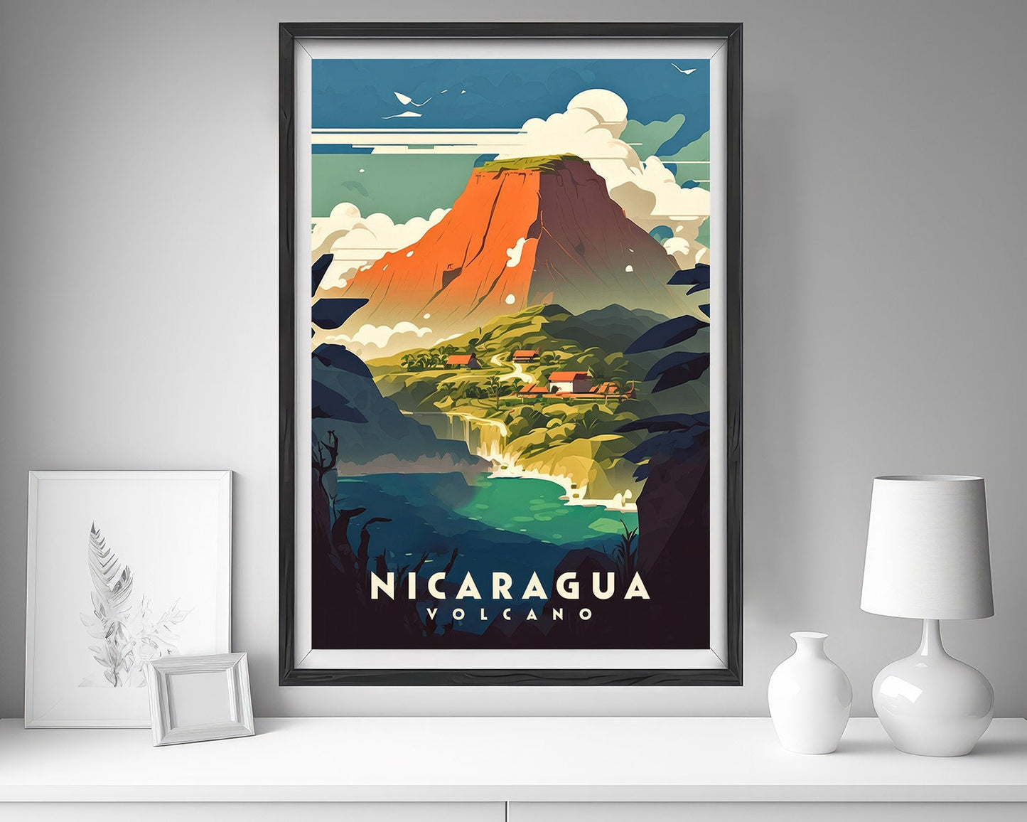 Framed Nicaragua Volcano Travel Poster in Portrait orientation, minimal background, close up wall art print 5