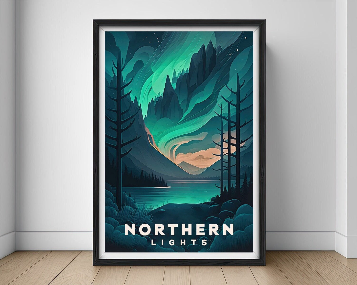 Framed Northern Lights Aurora Travel Poster in Portrait orientation, minimal background, close up wall art print 1
