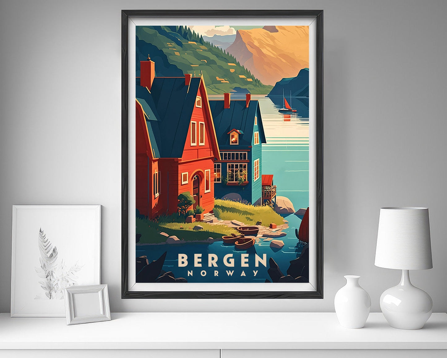 Framed Norway Bergen Travel Poster in Portrait orientation, minimal background, close up wall art print 5