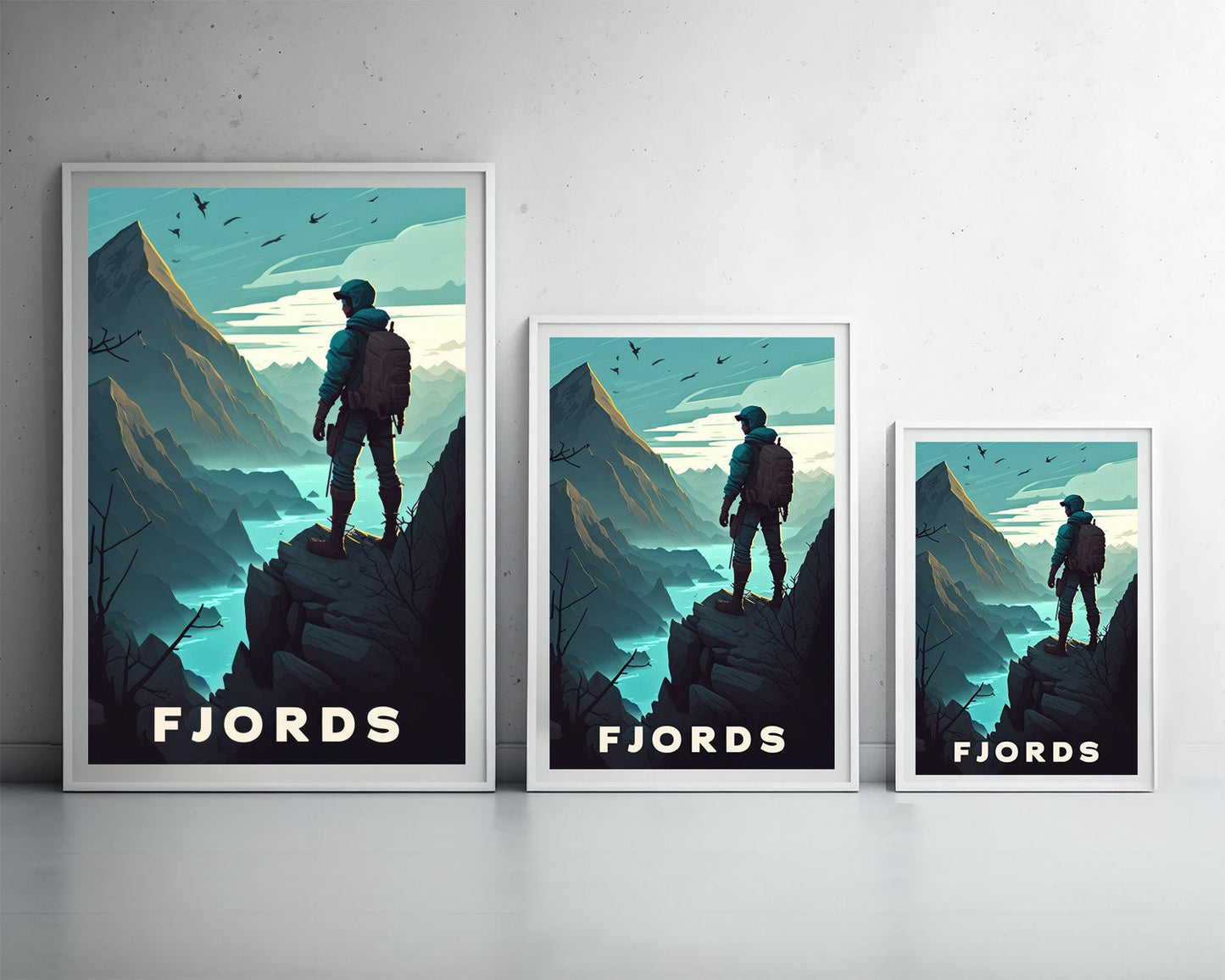 Framed Norway Fjords Travel Poster in Portrait orientation, minimal background, close up wall art print 5