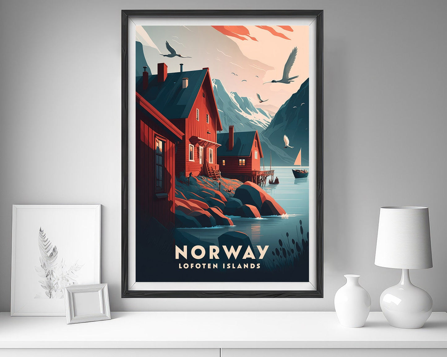 Framed Norway Lofoten Islands Europe Travel Poster in Portrait orientation, minimal background, close up wall art print 5