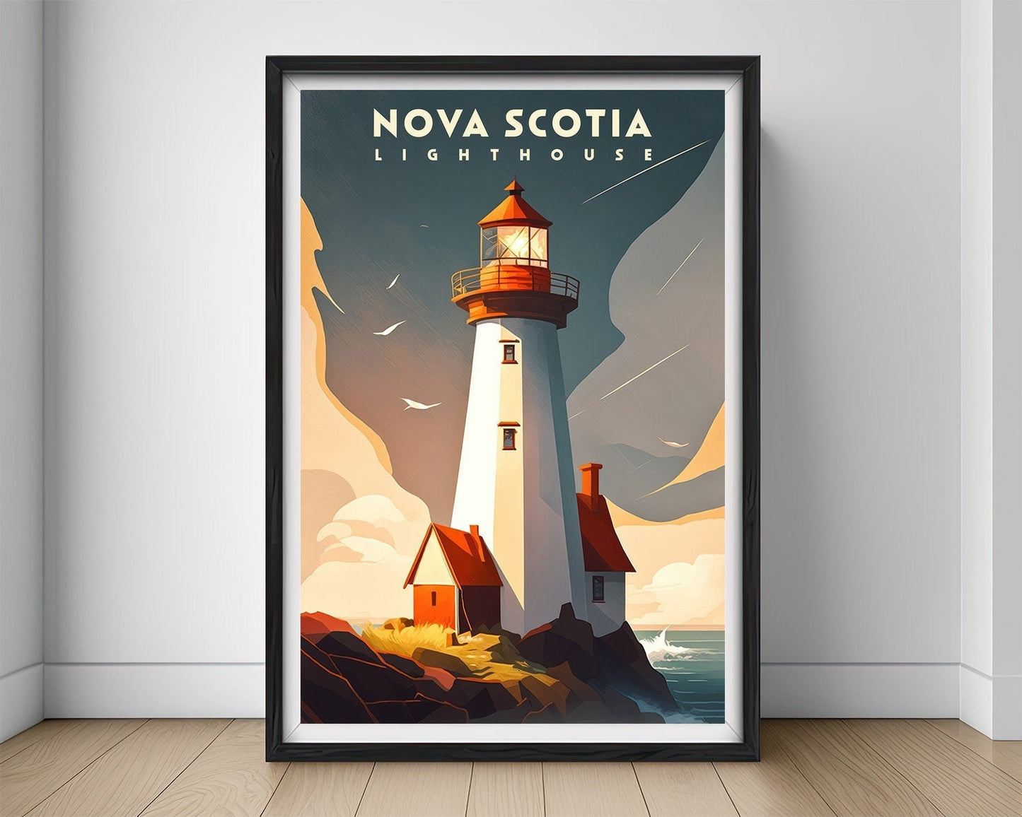 Framed Nova Scotia Canada Travel Poster in Portrait orientation, minimal background, close up wall art print 1