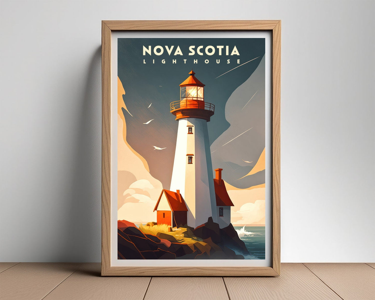 Framed Nova Scotia Canada Travel Poster in Portrait orientation, minimal background, close up wall art print 2